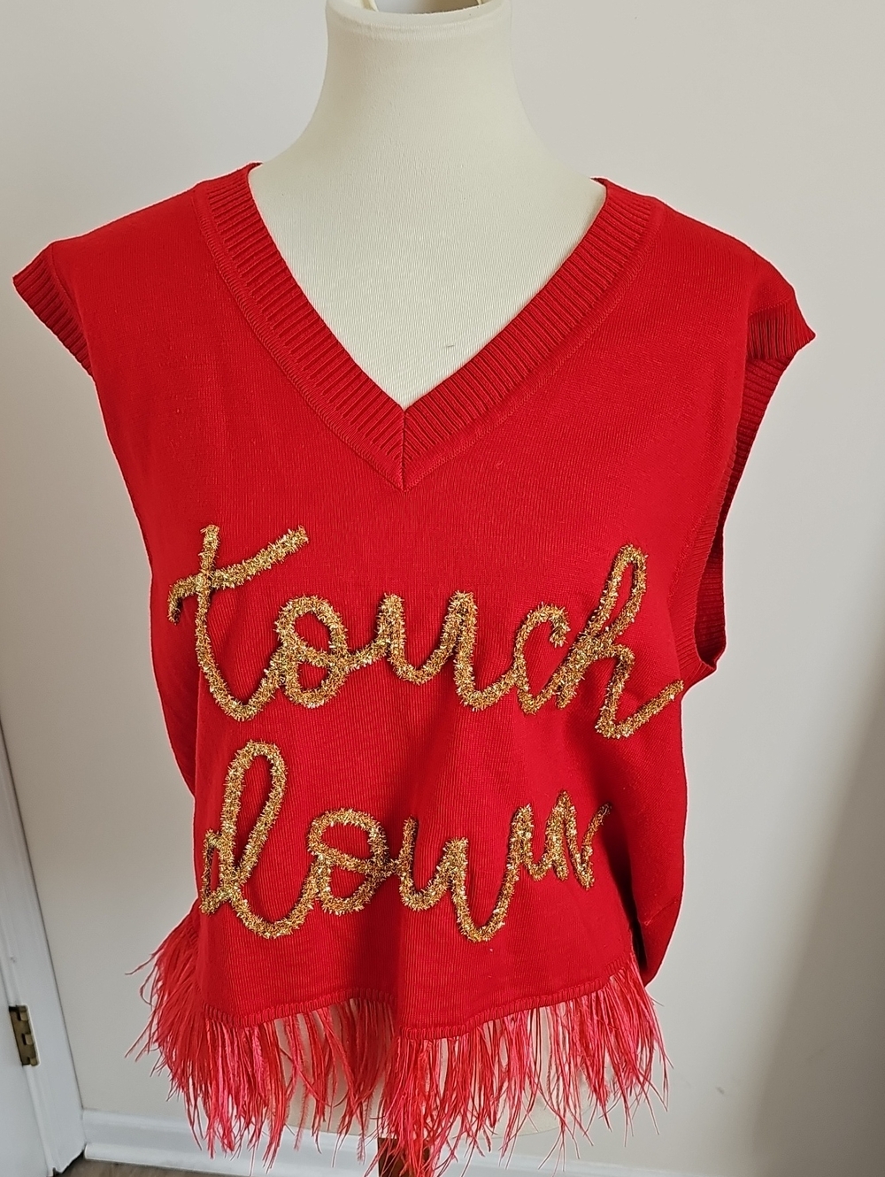 QUEEN OF SPARKLES Touch Down Football Sweater/Vest with Red Fringe L
